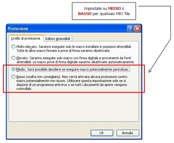Menu strumenti opzioni protezione macro